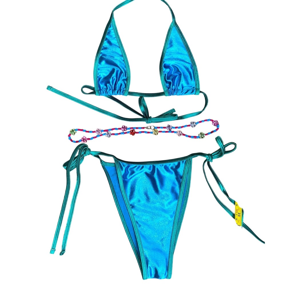 New Large Triangle Bikini with Waist Beads Charms Contrast Trim Micro Mini Beach